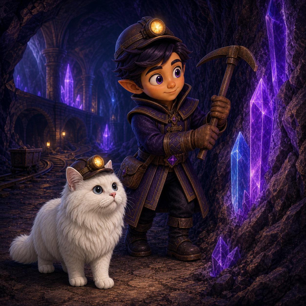 Leo, a fluffy white cat, exploring a glowing crystal mine with Oren