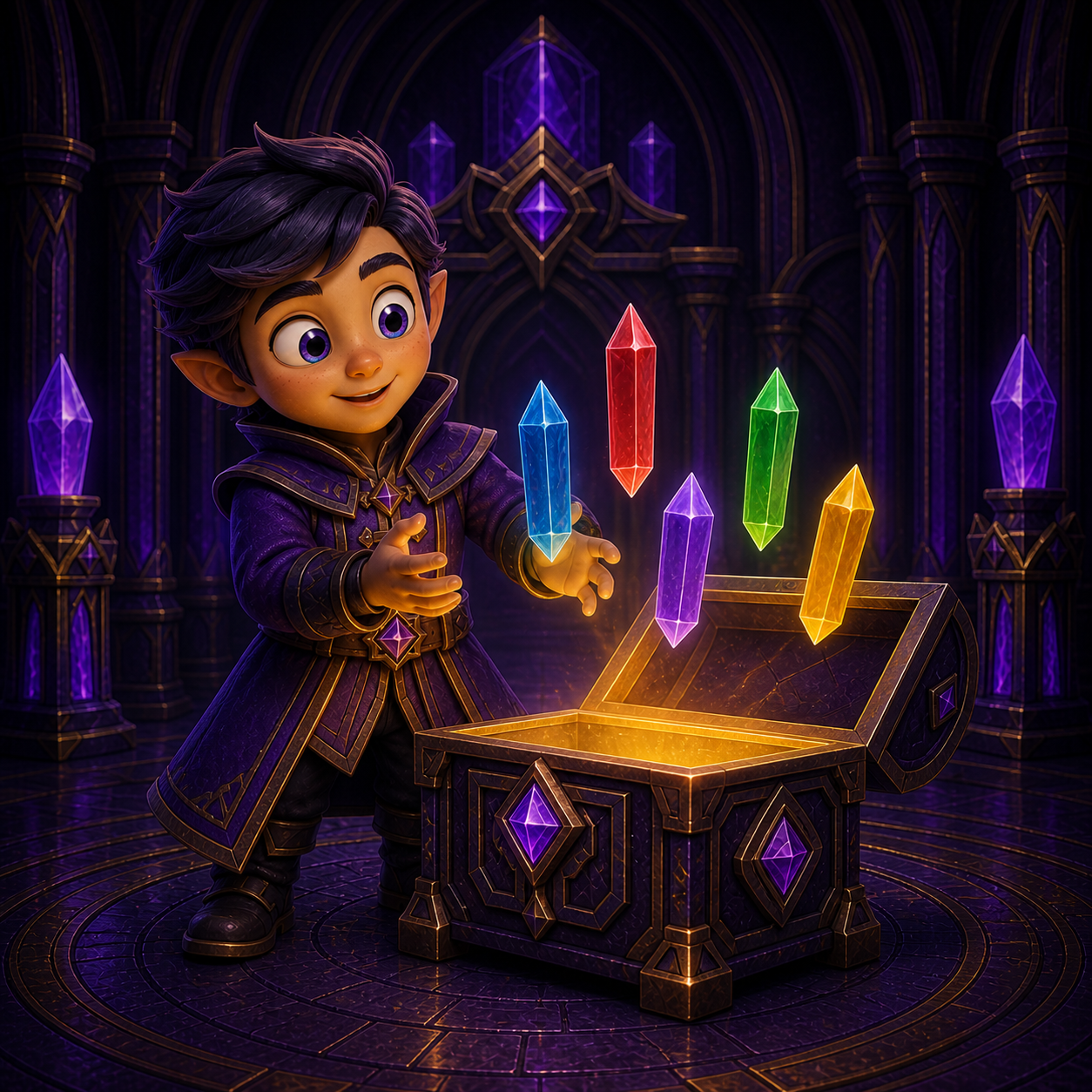 Oren discovering glowing gems inside the mysterious Prism Vault